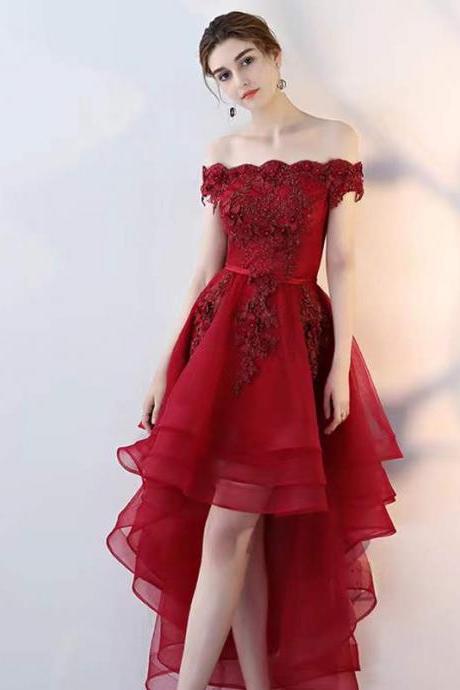 Off shoulder pink /red fairy dress, high low evening dress ,pompous temperament graduation dress,Custom made