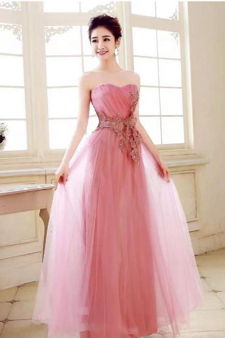 Strapless evening dress, pink/red prom dress, applique bridesmaid dress,Custom made