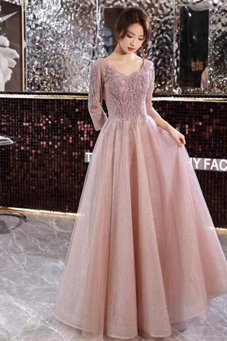 Elegant temperament prom dress, pink atmosphere long sleeve party dress,Custom made