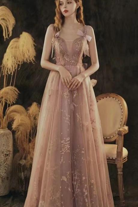 Pink bridesmaid dress, fairy student dress, elegant long evening gowns,Custom made