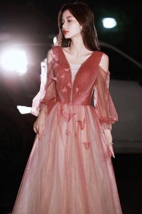New, red dress, v-neck long prom dress,fairy jacquard evening dress,Custom made