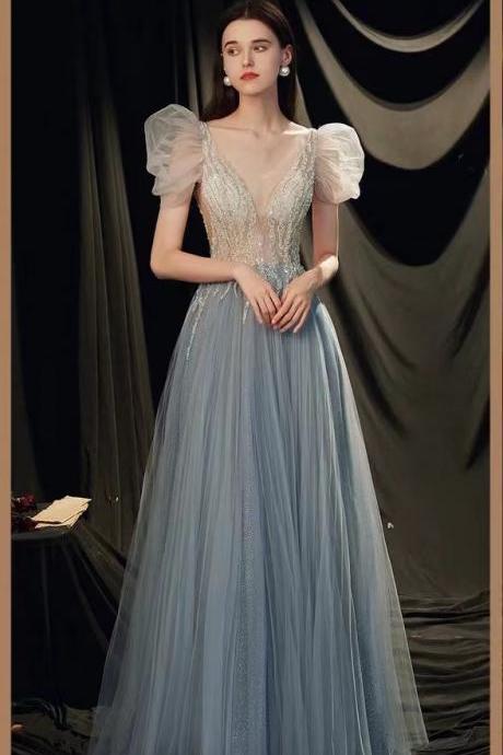 V-neck evening dress, elegant prom dress, bubble sleeve beaded party dress,Custom made