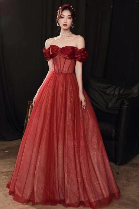 Red prom dress ,off shoulder party dress,charming eveing dress with bead,Custom made