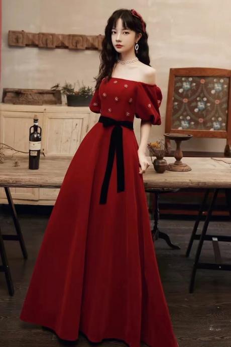 Red Prom Dress ,off Shoulder Party Dress,bubble Sleeve Eveing Dress With Bead,custom Made