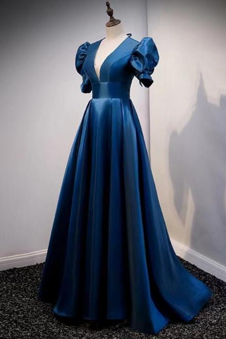 Blue Temperament Prom Dress, Bubble Sleeve Satin Evening Dress,custom Made