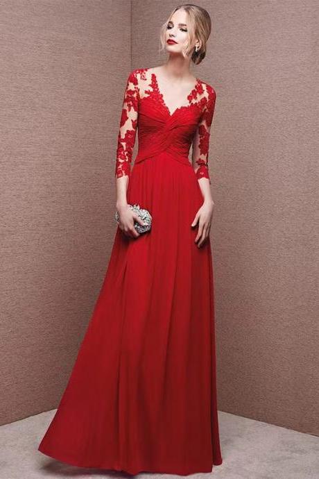 Fashionable, Long-sleeve Red Dress, V-neck Wedding Dress, Long Lace Evening Dress,custom Made