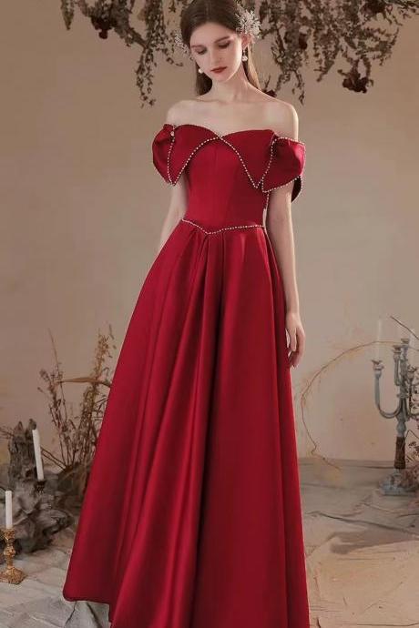 Satin Burgundy prom gown, cute off shoulder beaded evening gown,Custom made