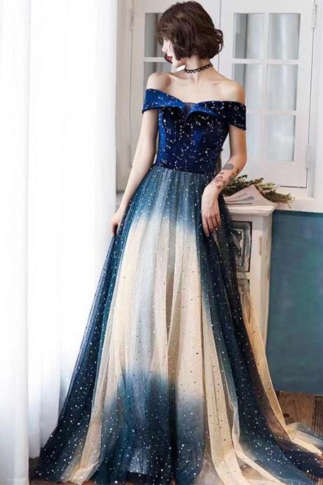 Gradient, blue party dress , velvet and tulle,off shouler prom dress,Custom made