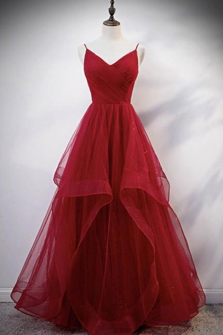 Burgundy tulle prom gown,sexy spaghetti strap party dress,Custom made