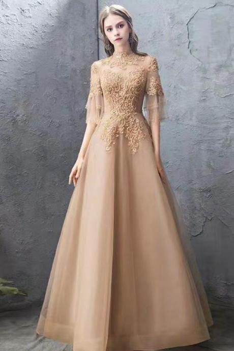 Queen Prom Dress, Long Gold Party Dress, High Collar Formal Dress,custom Made