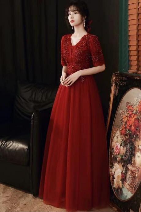 Burgundy Prom Dress, V-neck Evening Dress,mid Sleeve Formal Dress,custom Made