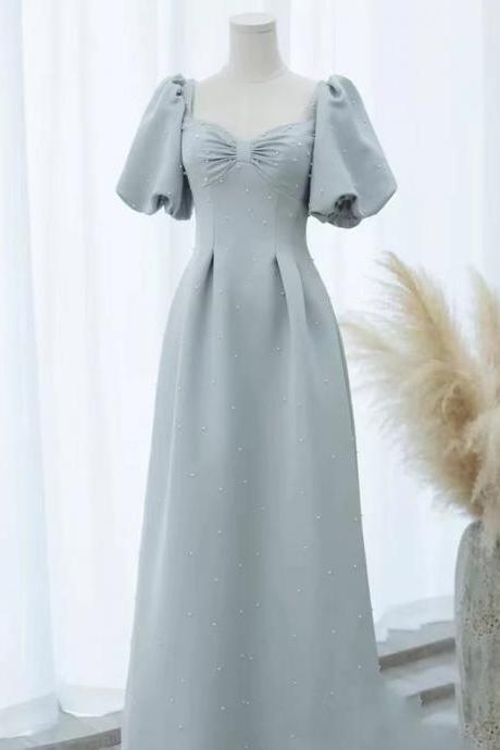 Blue birthday dress, sweet bridesmaid dress, square collar party dress,Custom made