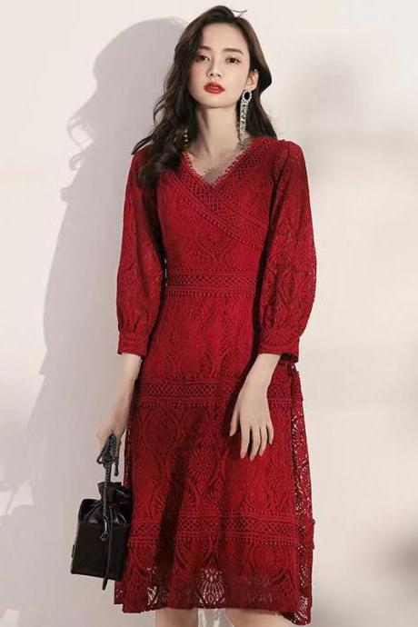 V-neck burgundy dress, lace red dress,long sleeve party dress,Custom made