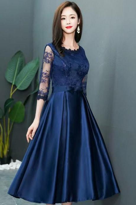 Navy evening dress, mid - length party dress, lace long - sleeve formal dress,Custom made