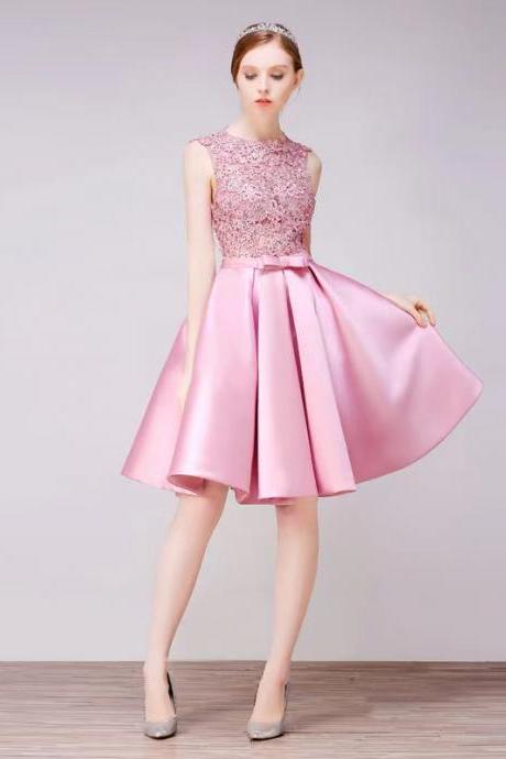 Pink homecoming dress, cute graduation dress, short satin dress,Custom made