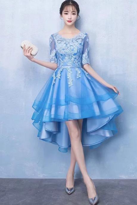 Elegant homecoming dress, blue high-low party dress,Custom made