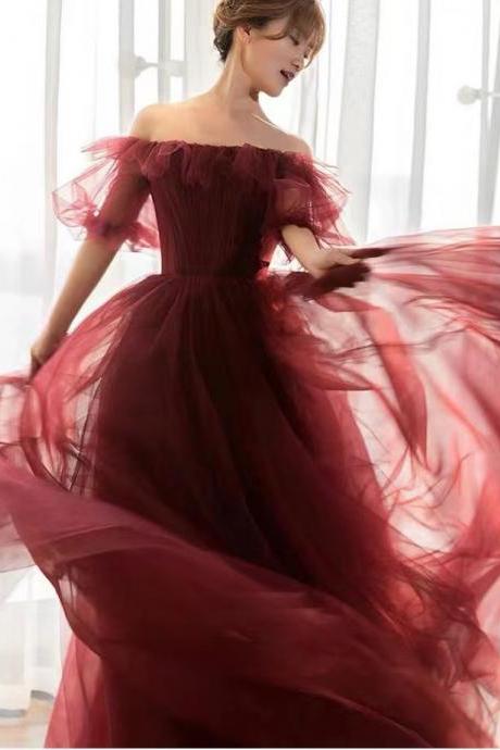 Off shoulder evening dress, burgundy evening dress, chic prom dress,Custom made