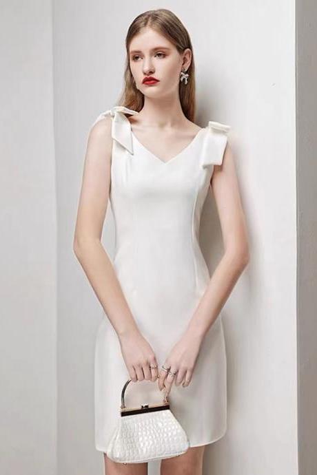 White dress,v-neck party dress, simple daily dress,Custom made