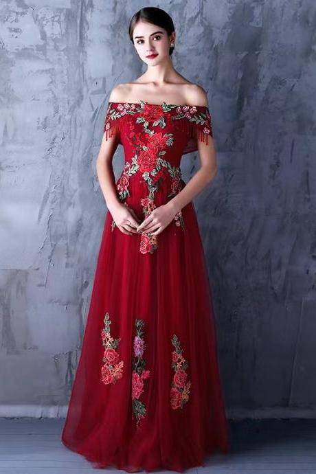 Off shoulder party dress,red dress, queen prom dress wiith applique,Custom made