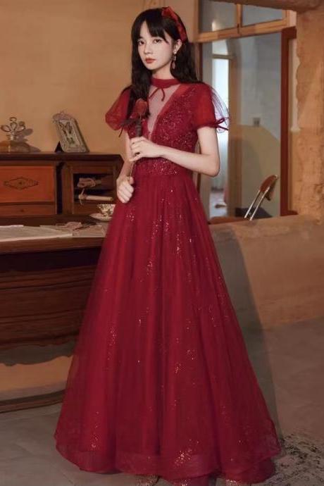Long burgundy prom dress, sweet party dress, high collar brithday dress,Custom made