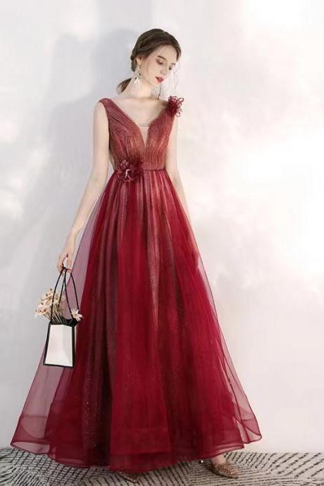 Burgundy prom dress, fairy party dress,V neck chic dress,Custom made