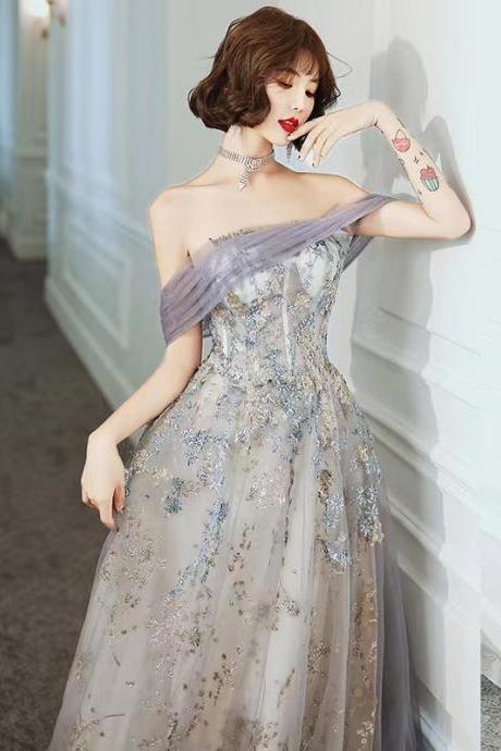 Lavender Purple Dream Prom Gown, Off Shoulder Fairy Evening Dress, Starry Party Gown,custom Made