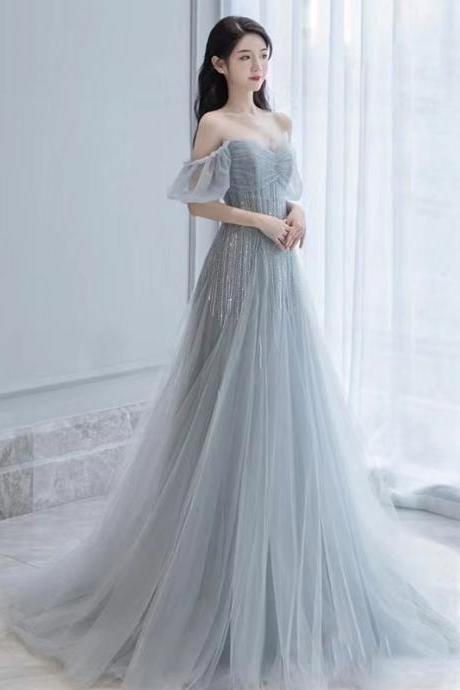 Silver-gray prom gown, off shoulder fairy trailing party dress,custom made