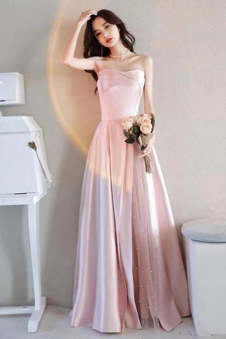 Pink evening dress, strapless bridesmaid dress ,satin prom gown,custom made