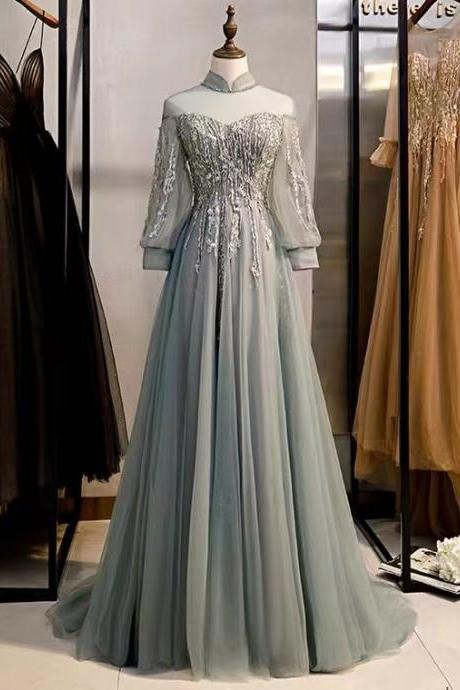 High Collar Bridesmaid Dress , Gray Formal Dress,long Sleeve Fairy Dream Dress, Birthday Party Dress,custom Made