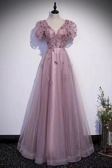 Pink evening dress, high grade fairy dress, v-neck light luxury prom dress with butterfly applique,custom made