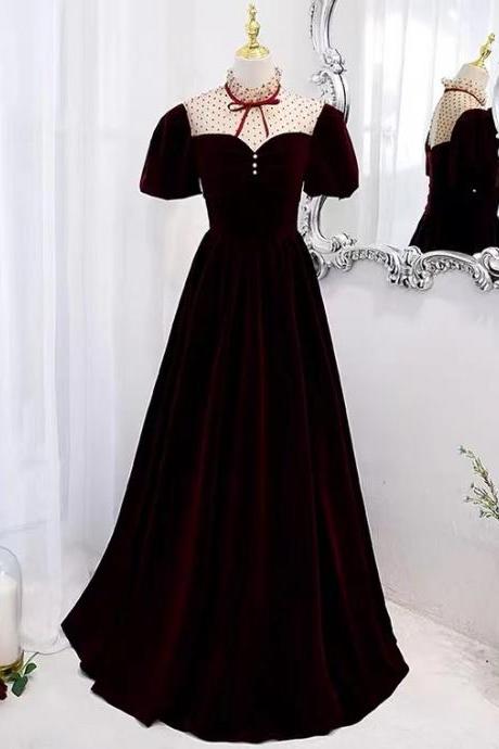 Velvet Prom Gown, Burgundy Party Dress,high Neck Elegant Dress,custom Made