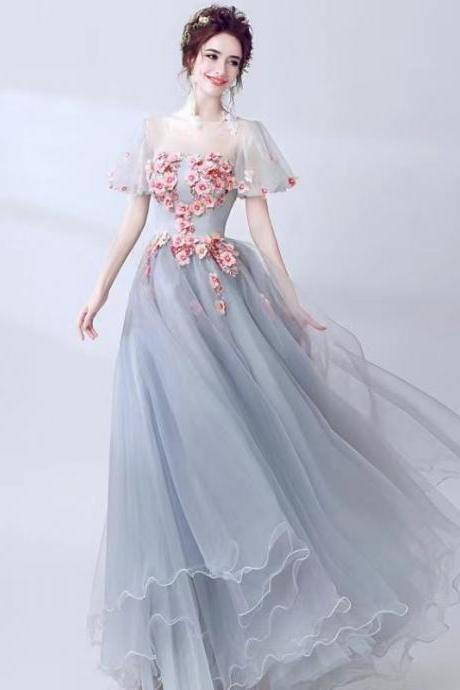 Princess Charming prom gown, grey blue party dress with flowers,custom made