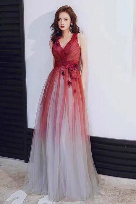 V-neck prom dress, red party dress,sexy evening dress,custom made