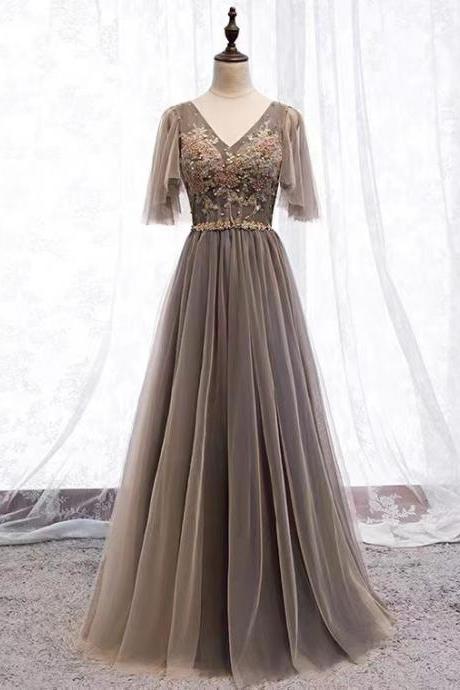 V-neck prom dress, dark grey evening dress,elegant formal dress,custom made