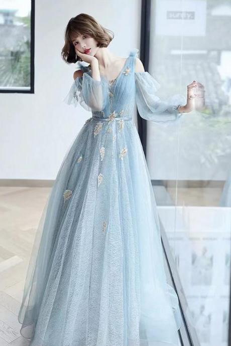New, blue prom dress, fairy party dress, dream birthday long sleeve evening dress,custom made