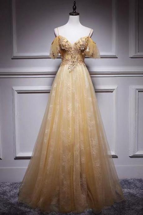 Yellw evening dress, fairy prom dress,spaghetti strap party dress ,custom made