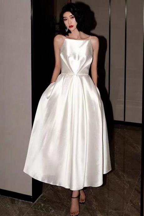 White evening dress, satin prom dress,backless party dress,custom made