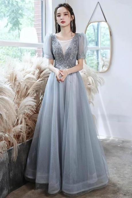 Gray blue evening dress, elegant prom dress, princess party dress,custom made