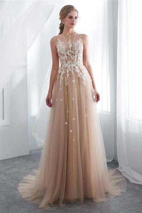 Champagne prom dress,lace party dress,elegant wedding dress,custom made