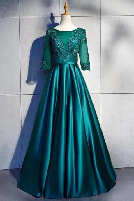 Green party dress,o-neck formal prom dress with lace,bride's mother dress,custom made