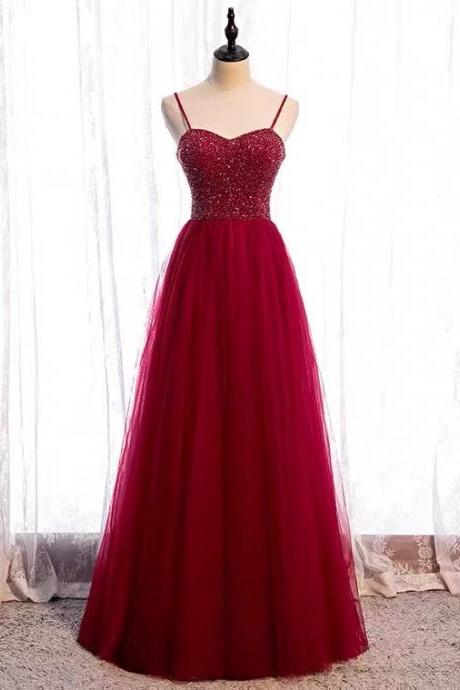 Red evening dress, spaghetti strap party dress,beaded dress,custom made