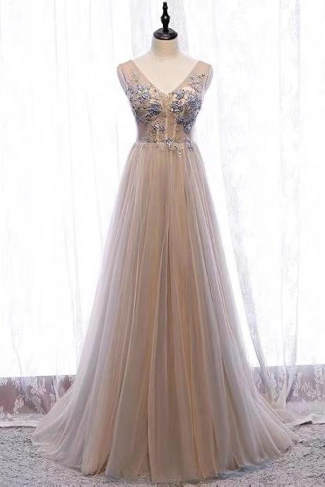 Sexy,gray party dress,v-neck fairy prom dress with applique,custom made