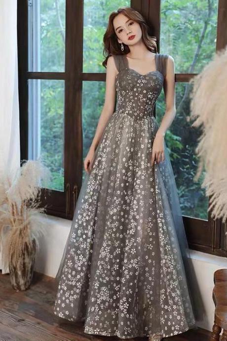 Gray flower evening dress, , high sense, elegant prom dress,nooble, light luxury party dress,,custom made