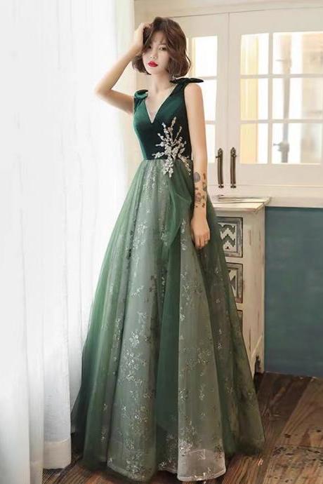 Green evening dress, v-neck prom dress,cute party dress,dream birthday dress,custom made