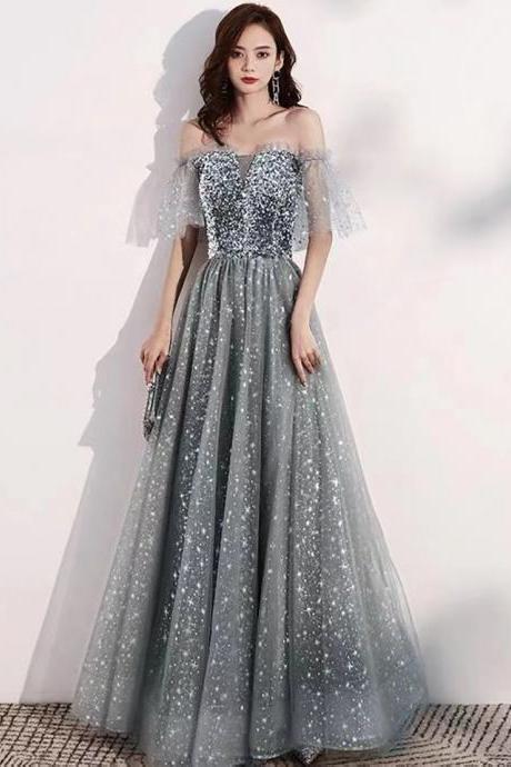 Gray evening dress, off shoulder prom dress,shiny party dress,dream birthday dress,custom made