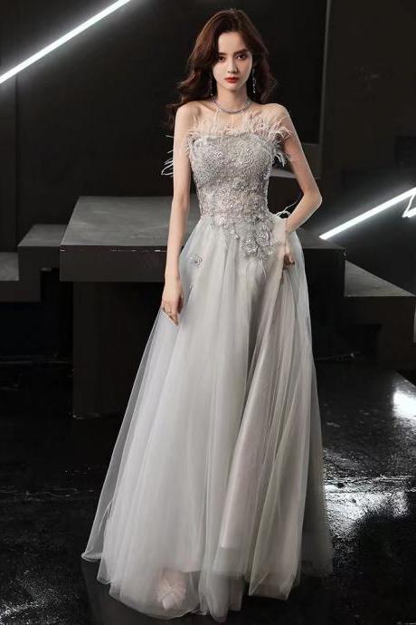 Pale blue grey prom dress,strapless evening dress ,feather birthday princess dress,custom made
