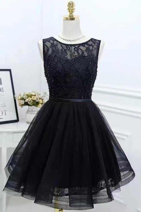 Fashion, black evening dress, lace puffy dress, sleeveless homecoming dress,custom made