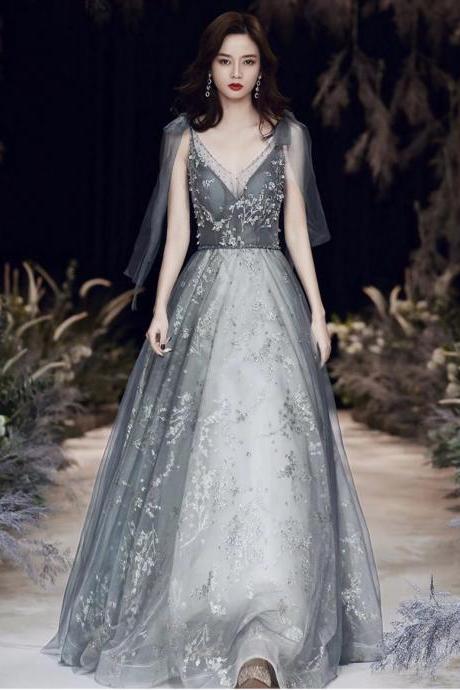 V-neck evening dress, fairy party dress,gray prom dress,custom made