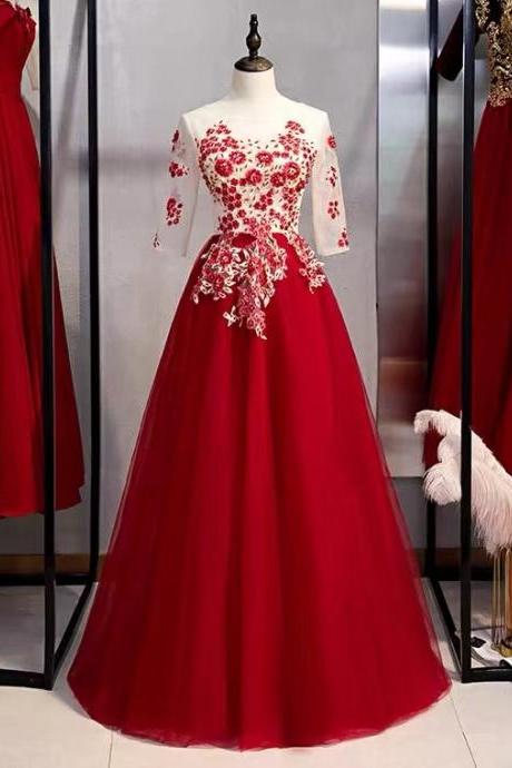 Red dress,mid sleeve formal dress ,chic prom dress with applique,custom made