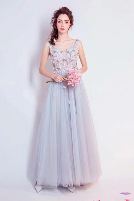 Princess dress, light blue bridesmaid dress, v-neck prom dress with applique,custom made